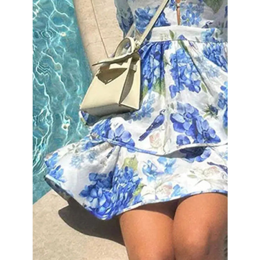 Floral Print Ruffle Layered Mini Dress Apparel and Accessories