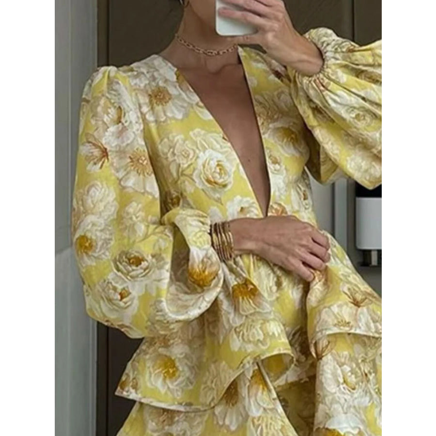 Floral Print Ruffle Layered Mini Dress Apparel and Accessories