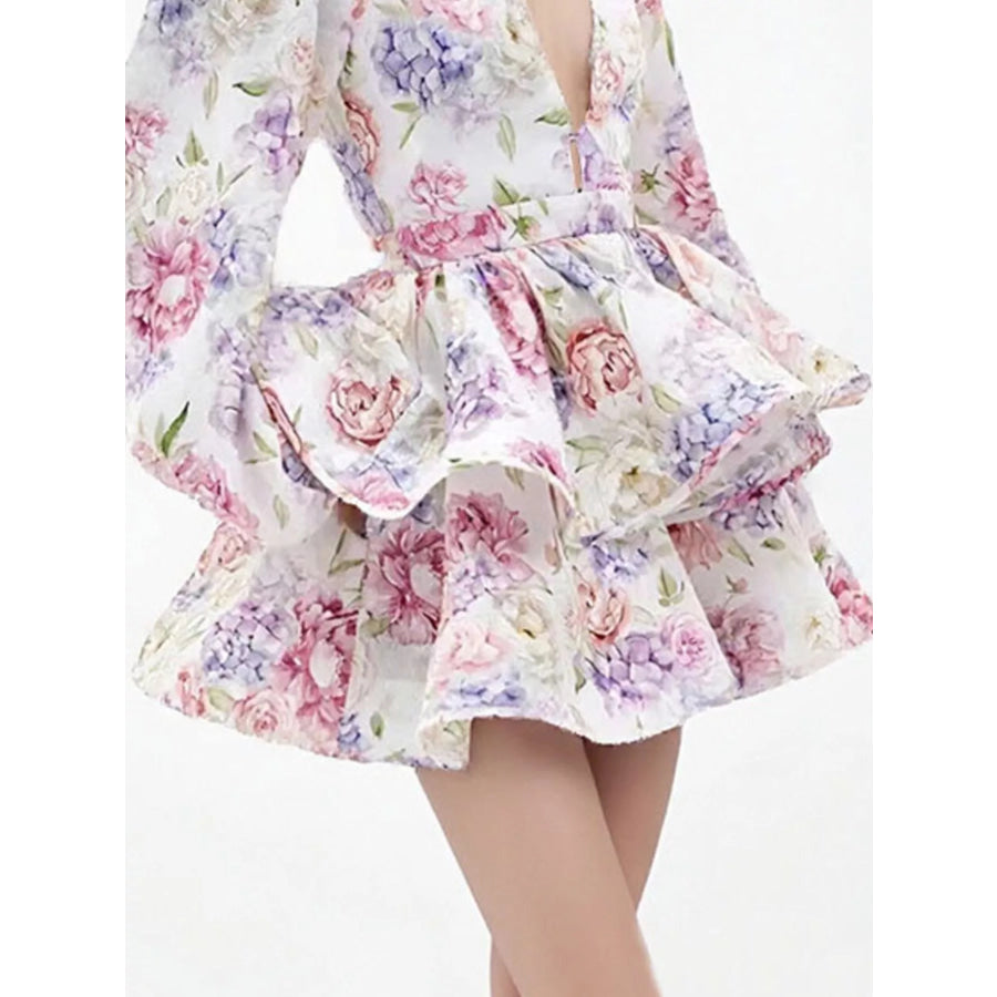 Floral Print Ruffle Layered Mini Dress Apparel and Accessories