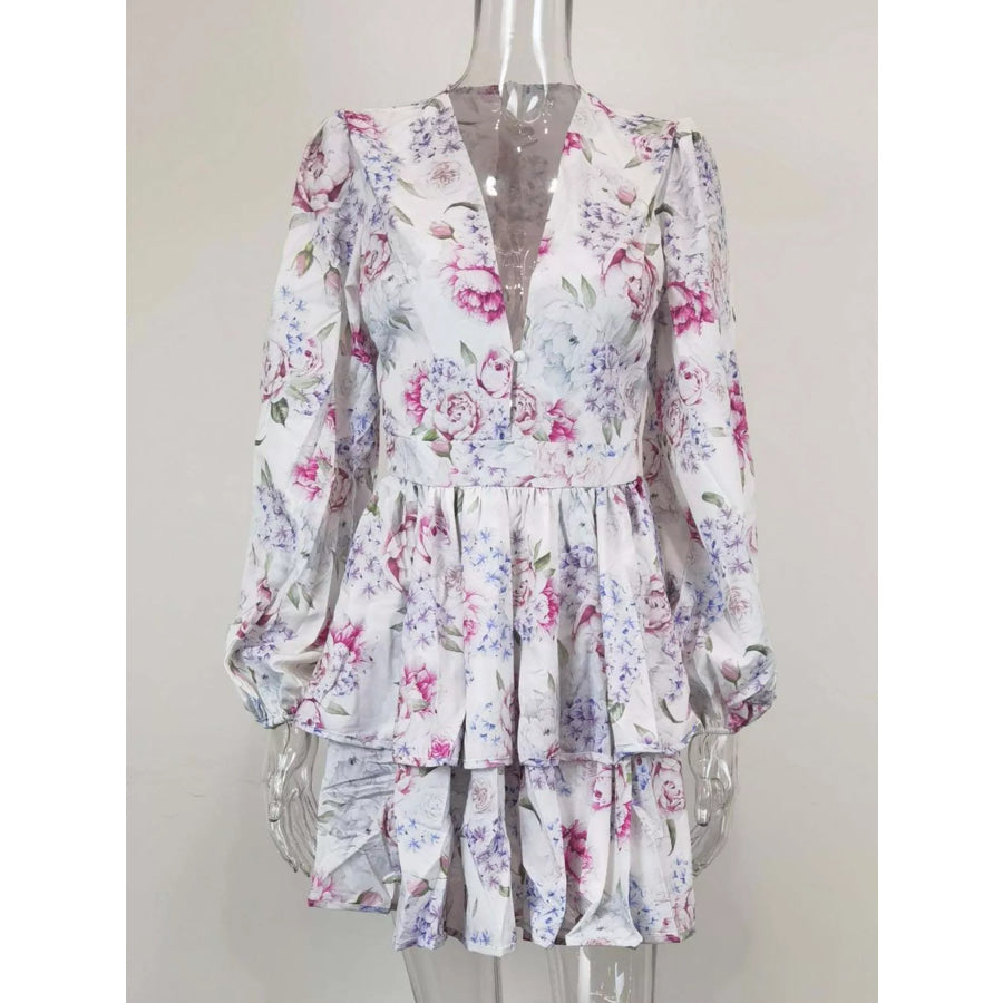 Floral Print Ruffle Layered Mini Dress Apparel and Accessories