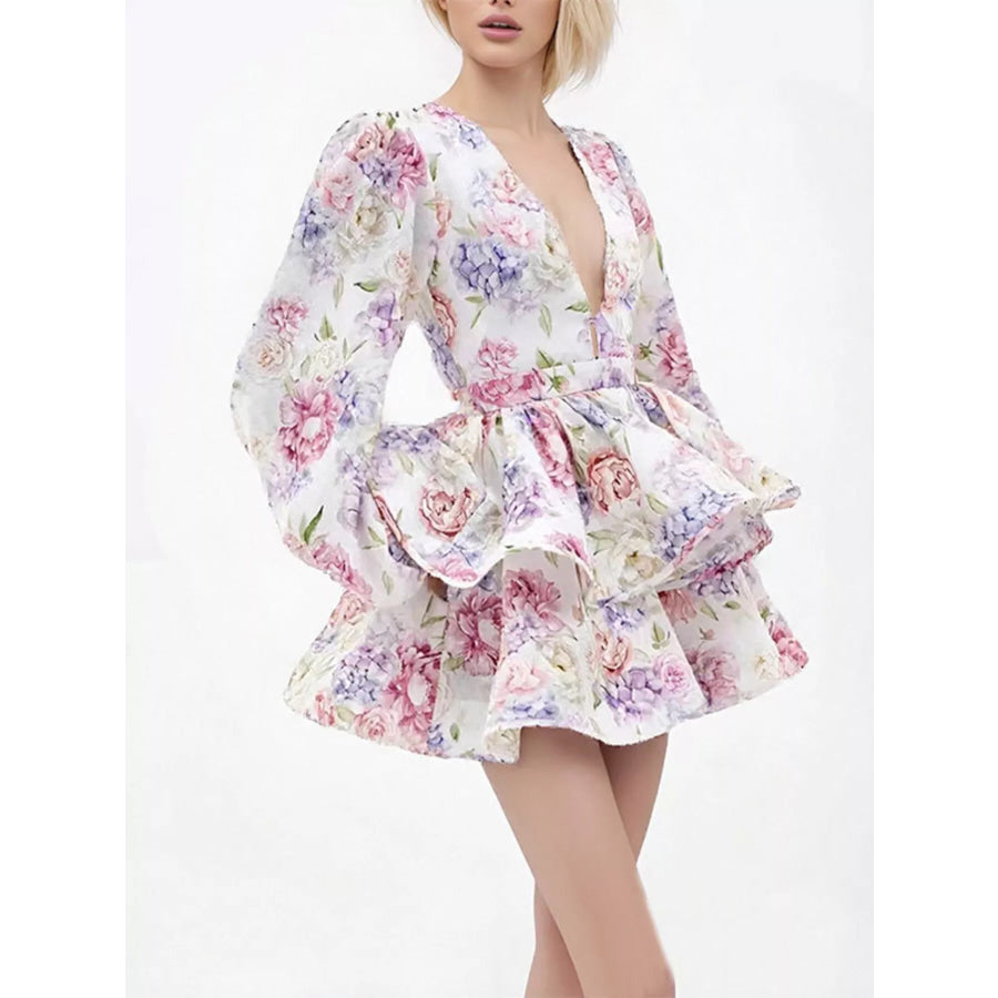 Floral Print Ruffle Layered Mini Dress Blush Pink / S Apparel and Accessories