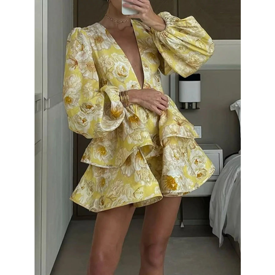Floral Print Ruffle Layered Mini Dress Pastel Yellow / S Apparel and Accessories