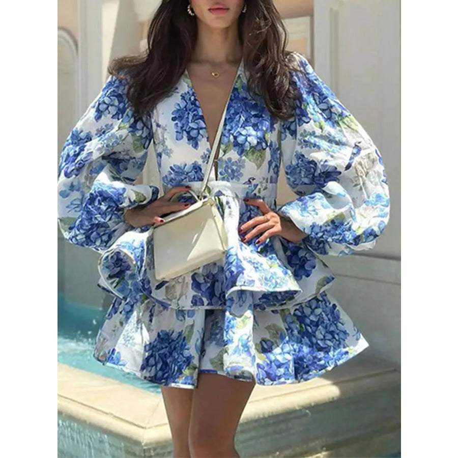 Floral Print Ruffle Layered Mini Dress Sky Blue / S Apparel and Accessories