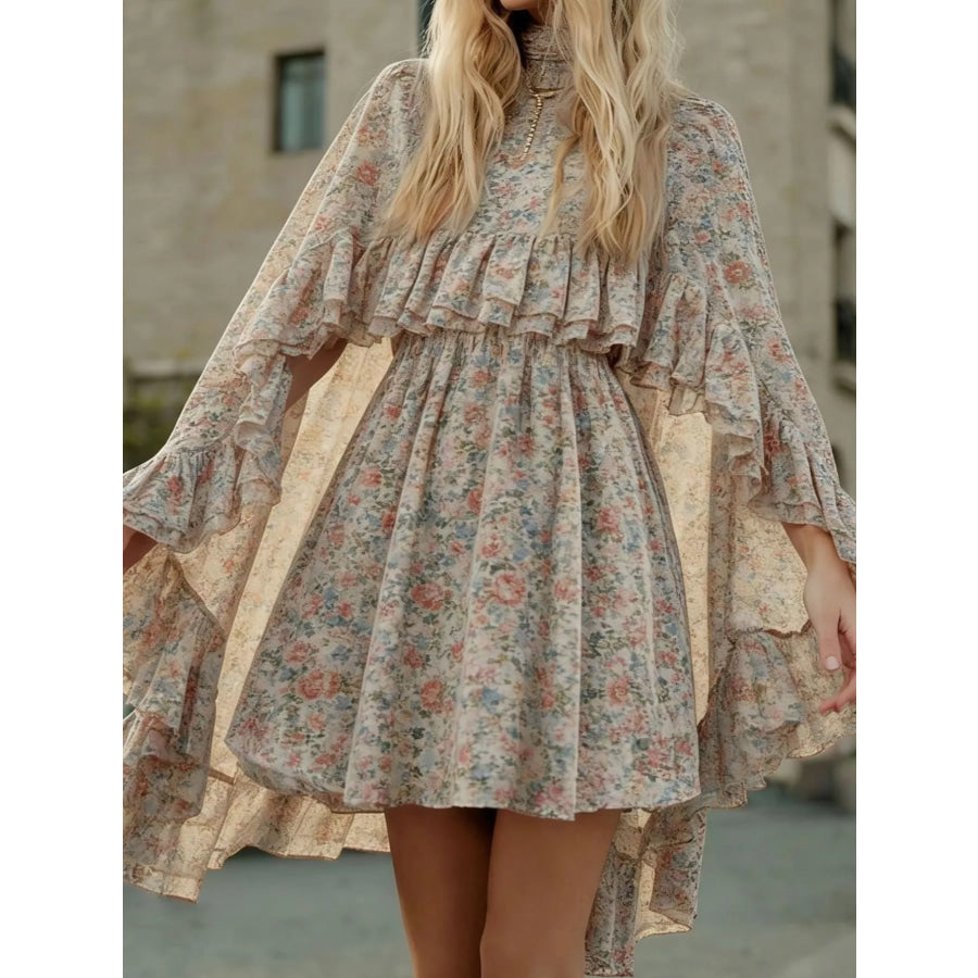 Floral Print Ruffle Mini Dress Apricot Base-Ditsy / S Apparel and Accessories