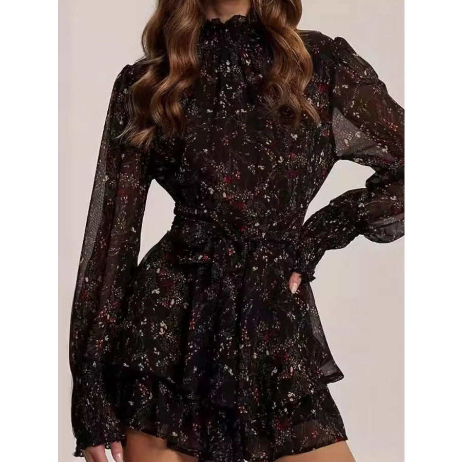 Floral Print Ruffle Mini Dress Black / XS Apparel and Accessories