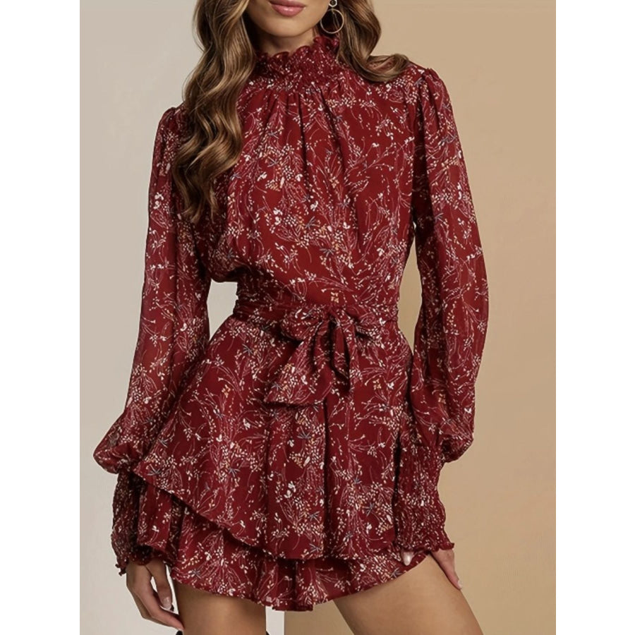 Floral Print Ruffle Mini Dress Dark Red / XS Apparel and Accessories
