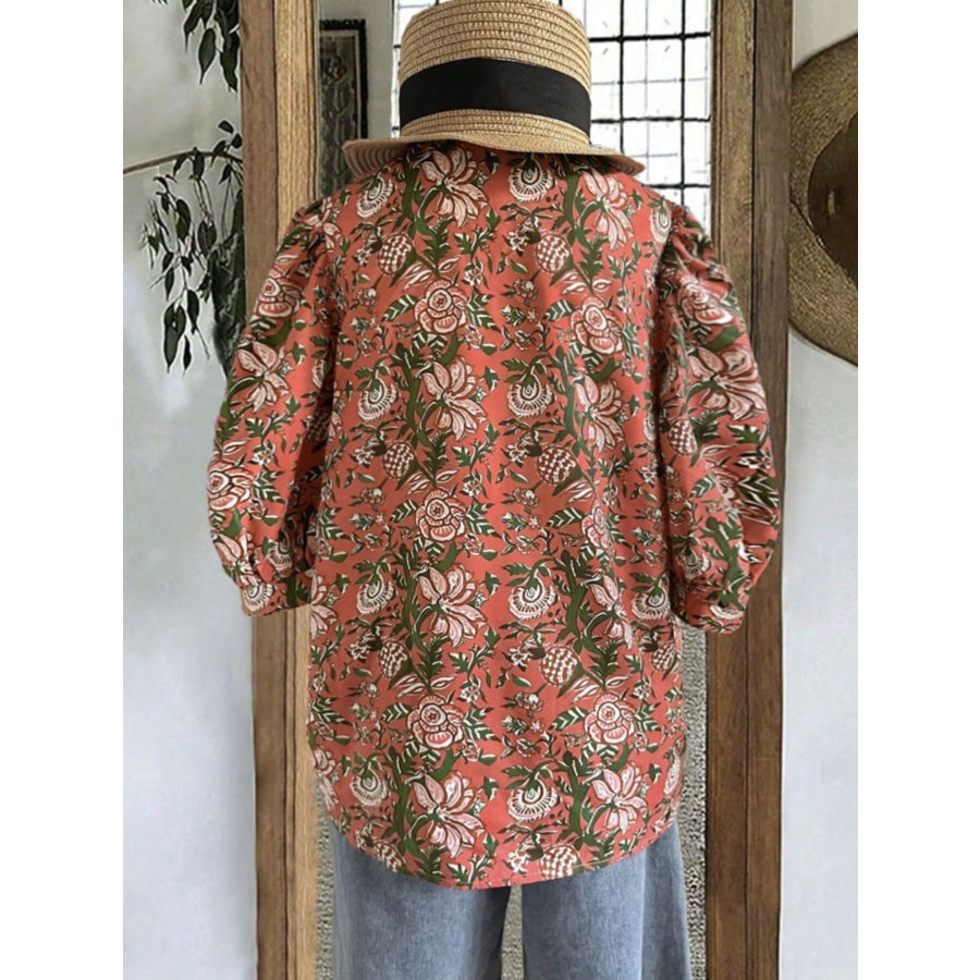 Floral Print Ruffle Neck Half Sleeve Blouse Apparel and Accessories