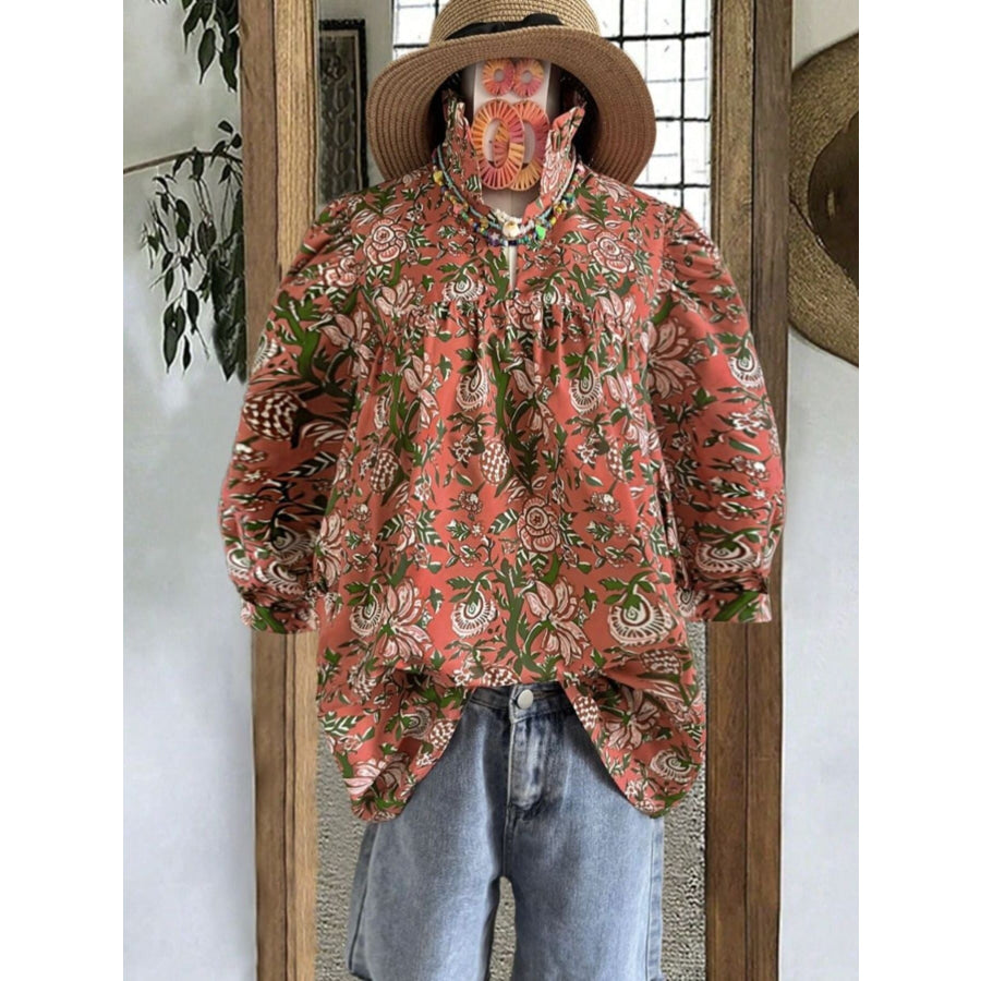 Floral Print Ruffle Neck Half Sleeve Blouse Apparel and Accessories