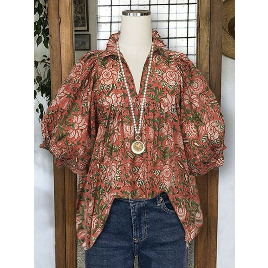 Floral Print Ruffle Neck Half Sleeve Blouse Ochre / S Apparel and Accessories