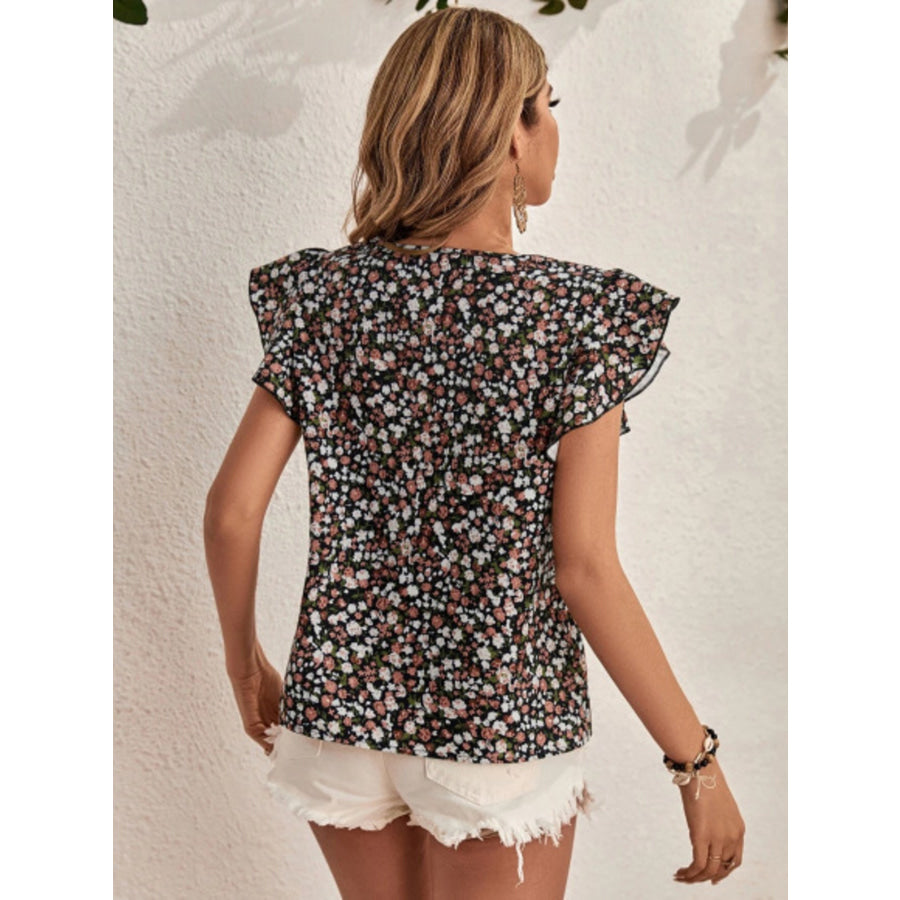 Floral Print Ruffle Sleeve Blouse Apparel and Accessories