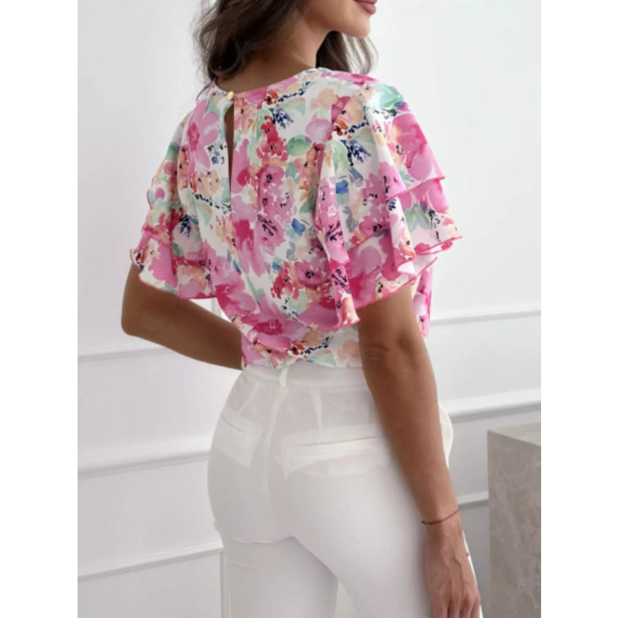 Floral Print Ruffle Sleeve Blouse Apparel and Accessories