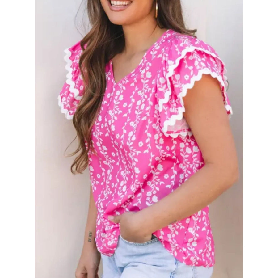Floral Print Ruffle Sleeve Blouse Apparel and Accessories