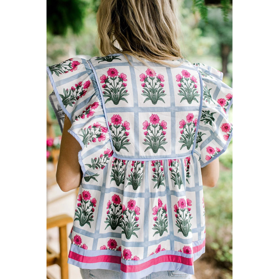 Floral Print Ruffle Sleeve Blouse Apparel and Accessories