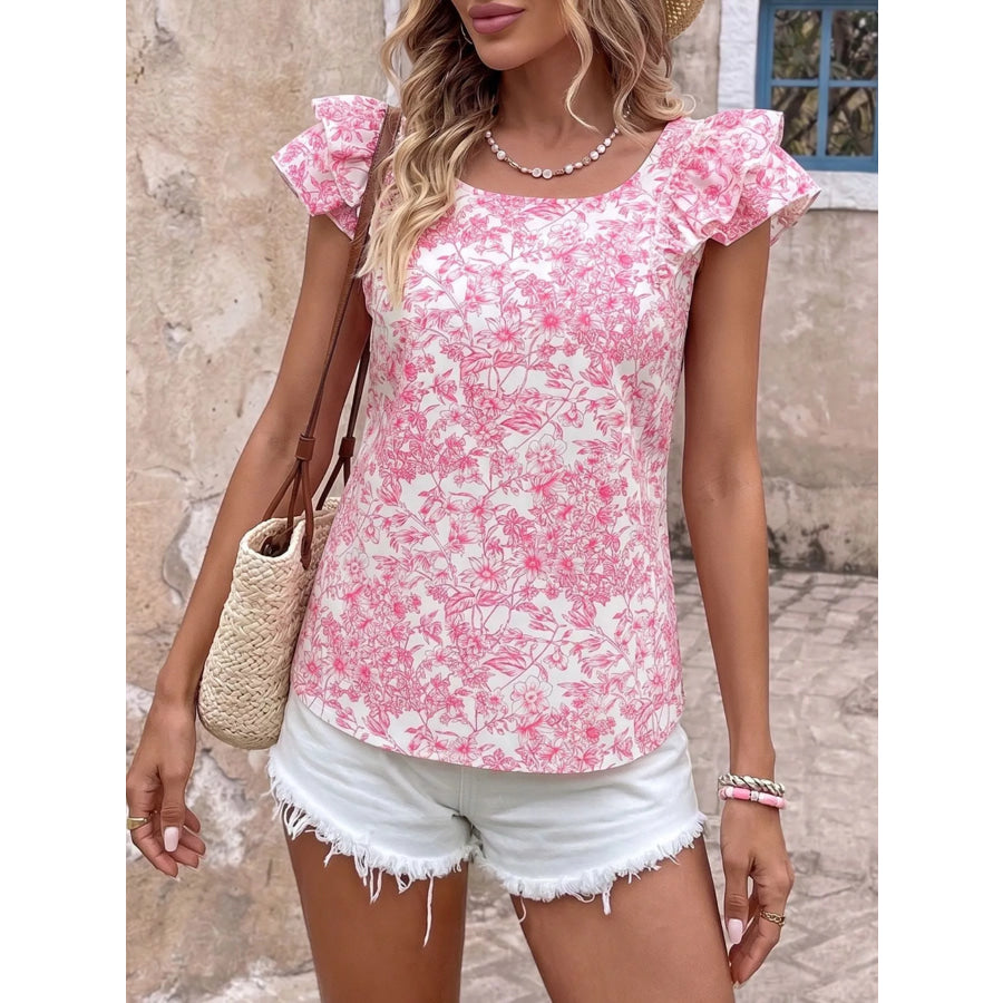 Floral Print Ruffle Sleeve Blouse Apparel and Accessories