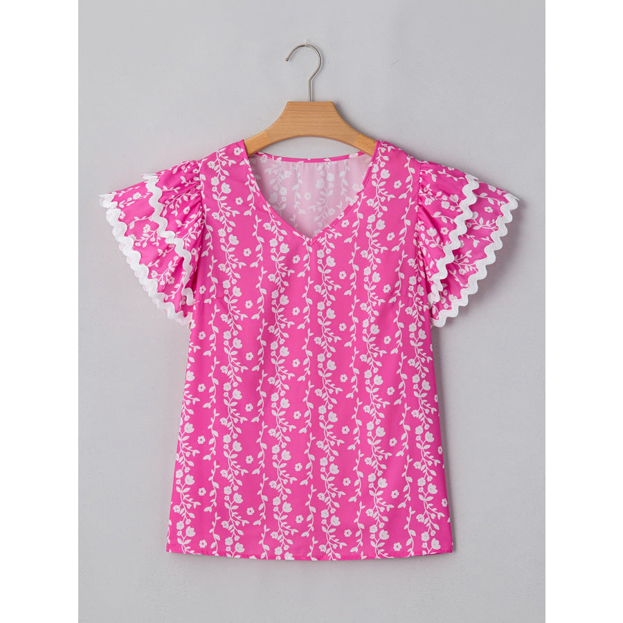 Floral Print Ruffle Sleeve Blouse Apparel and Accessories