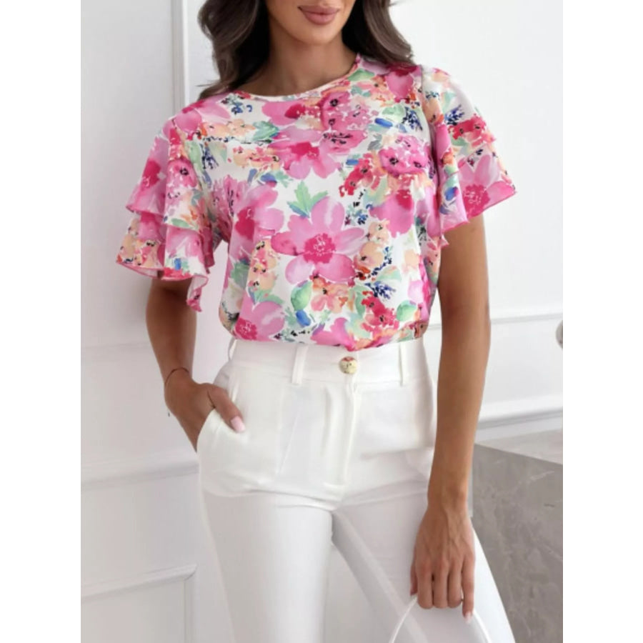 Floral Print Ruffle Sleeve Blouse Apparel and Accessories