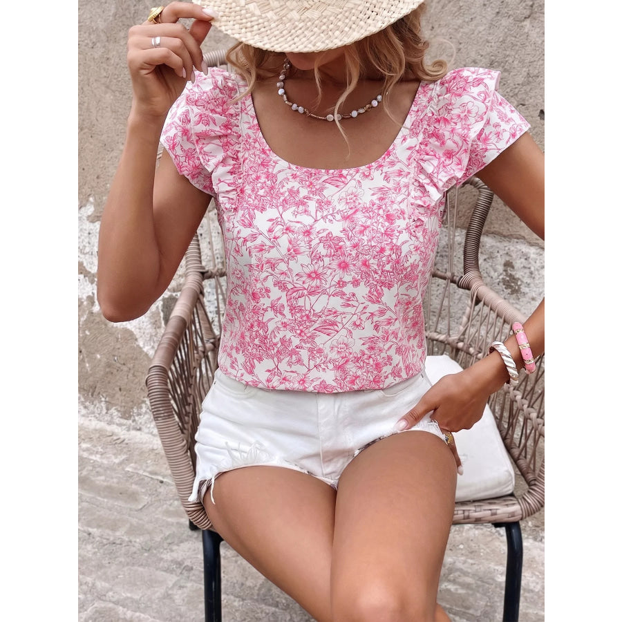 Floral Print Ruffle Sleeve Blouse Apparel and Accessories