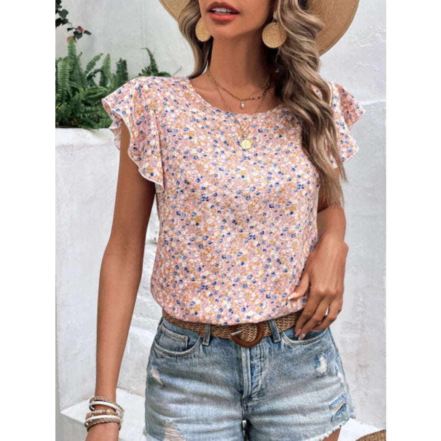 Floral Print Ruffle Sleeve Blouse Apparel and Accessories