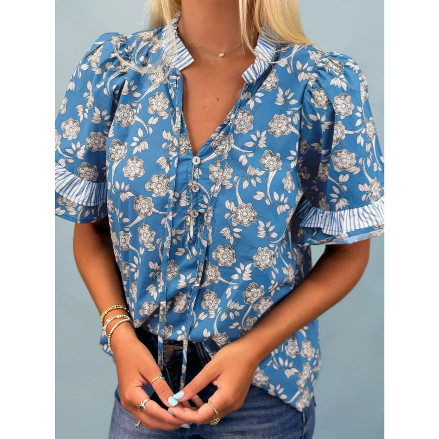 Floral Print Ruffle Sleeve Blouse Apparel and Accessories