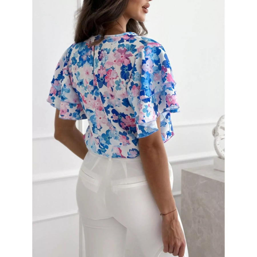 Floral Print Ruffle Sleeve Blouse Apparel and Accessories