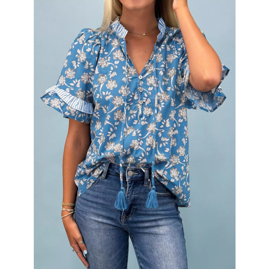 Floral Print Ruffle Sleeve Blouse Apparel and Accessories
