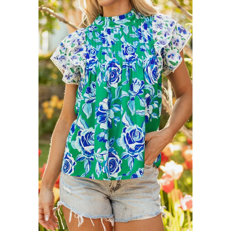 Floral Print Ruffle Sleeve Blouse Apparel and Accessories
