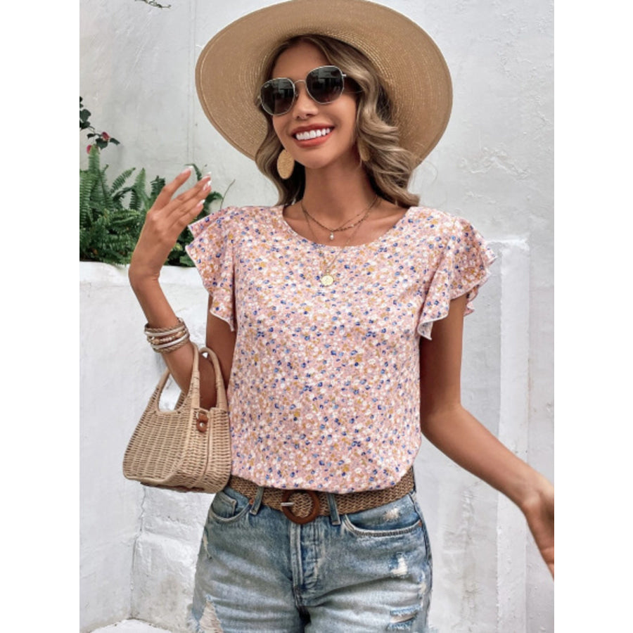 Floral Print Ruffle Sleeve Blouse Apparel and Accessories
