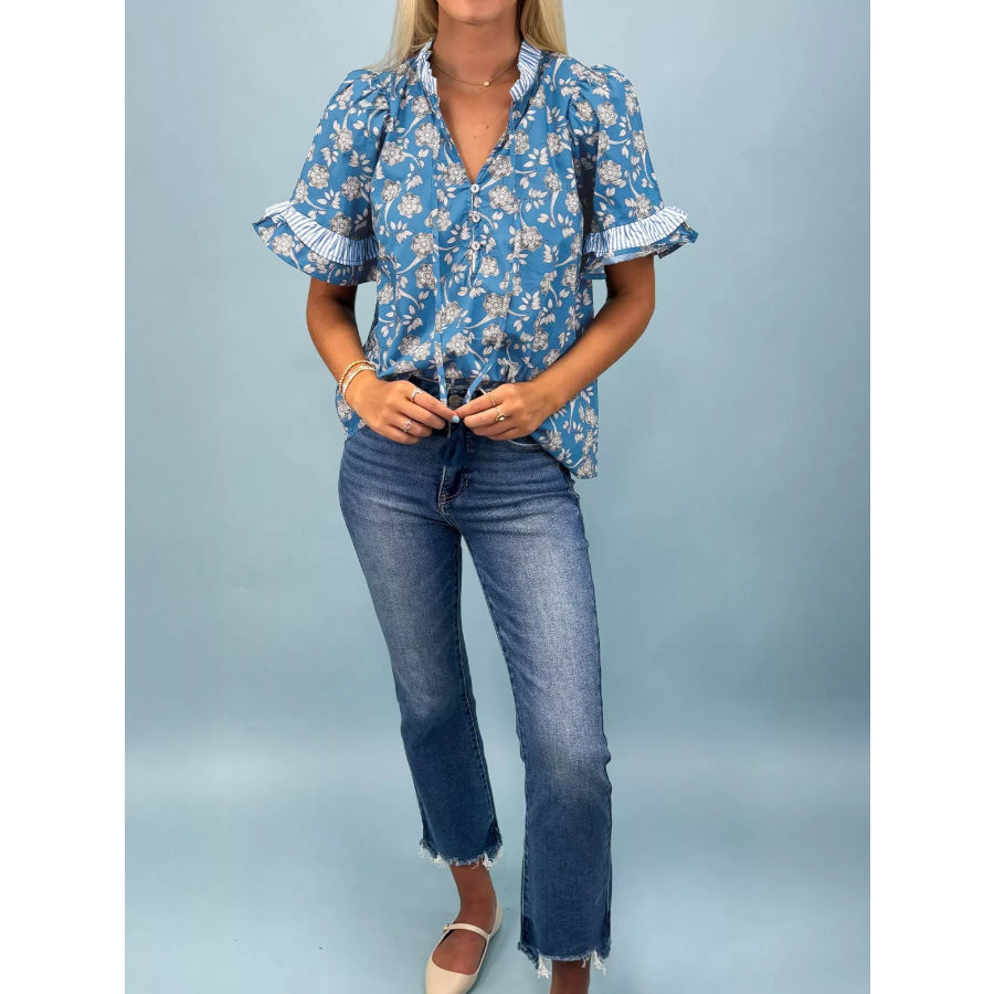 Floral Print Ruffle Sleeve Blouse Apparel and Accessories