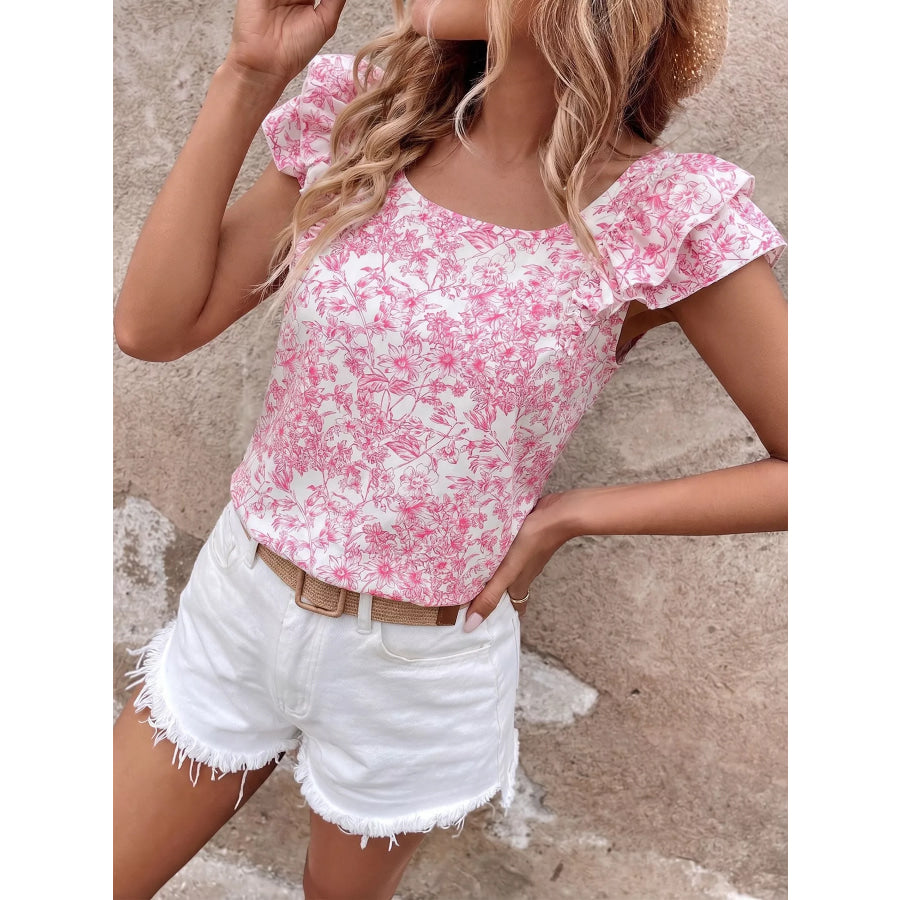 Floral Print Ruffle Sleeve Blouse Apparel and Accessories