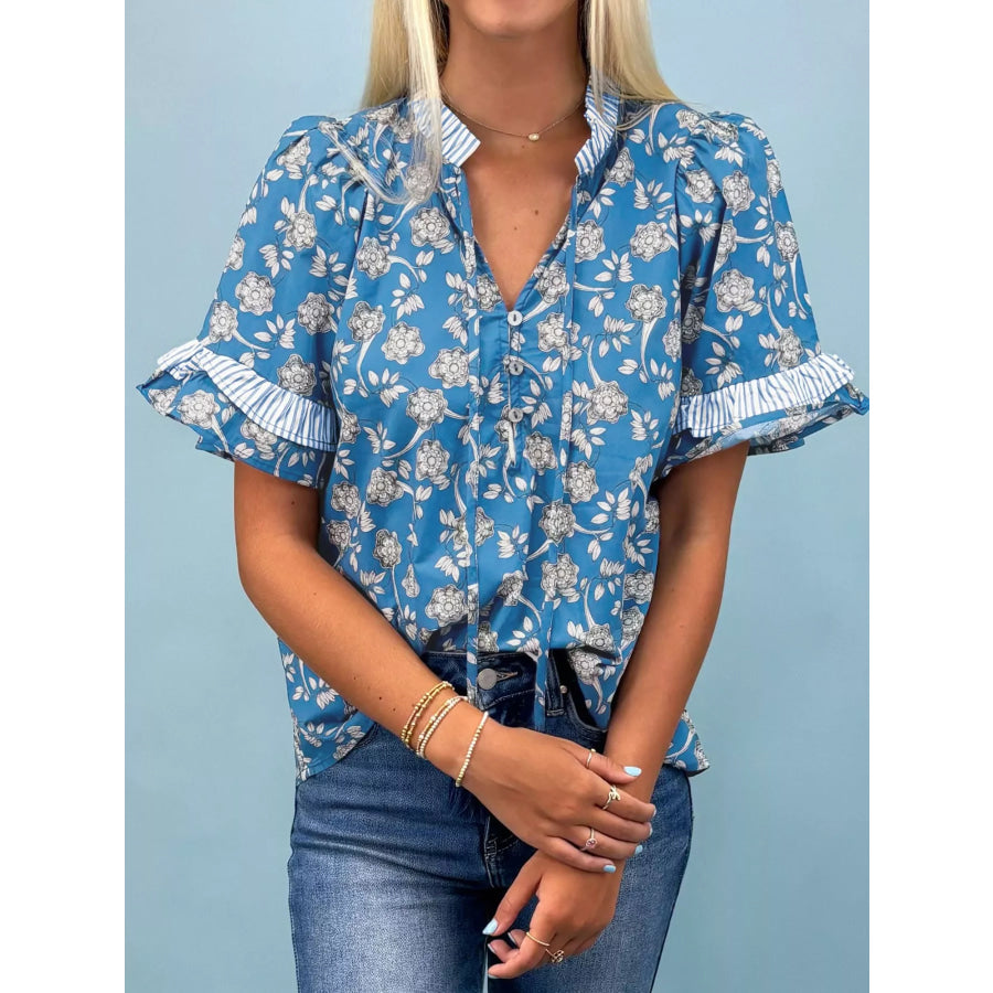 Floral Print Ruffle Sleeve Blouse Dusty Blue / S Apparel and Accessories