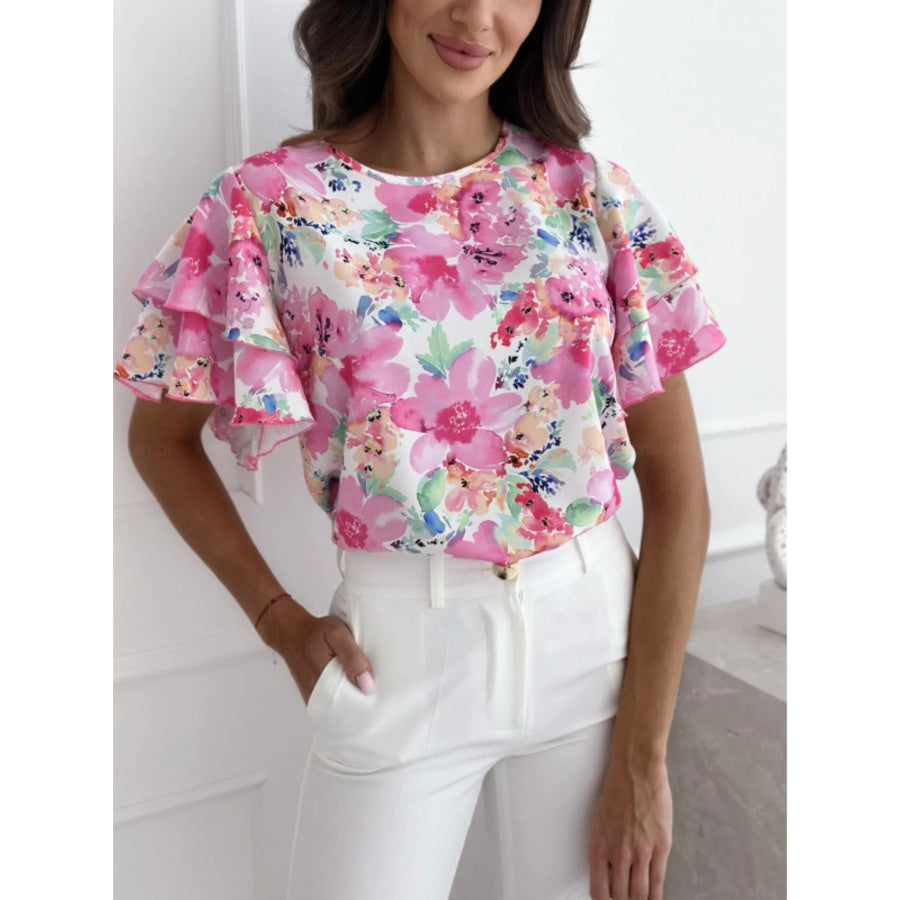 Floral Print Ruffle Sleeve Blouse Dusty Pink / S Apparel and Accessories