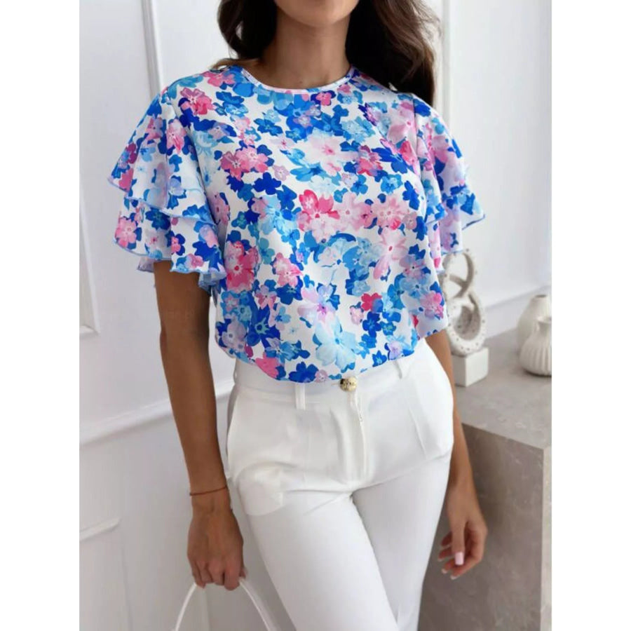 Floral Print Ruffle Sleeve Blouse Light Blue / S Apparel and Accessories