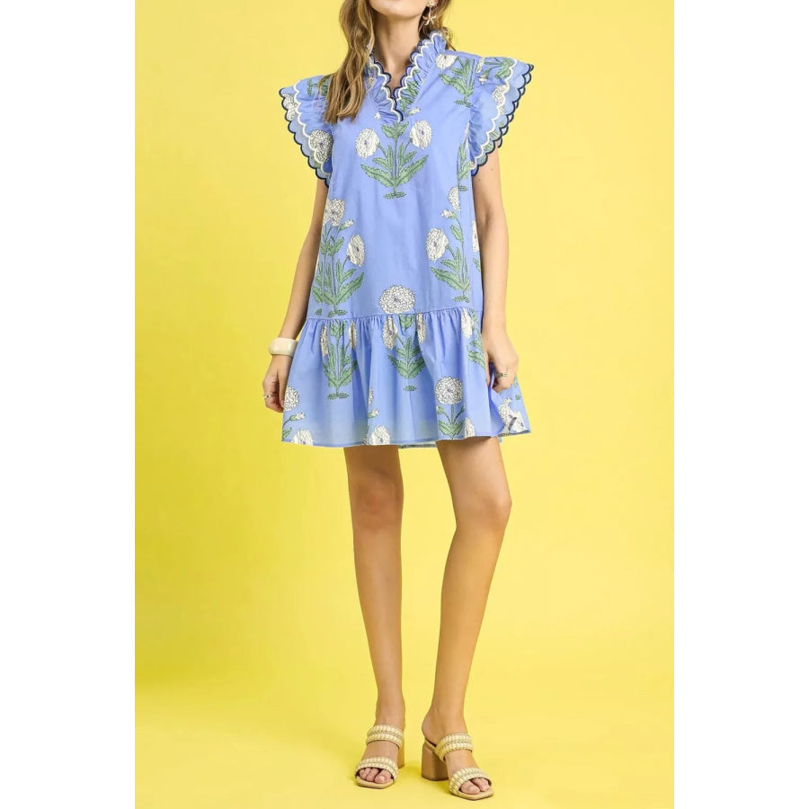 Floral Print Ruffle Sleeve Dress Light Blue / S Apparel and Accessories