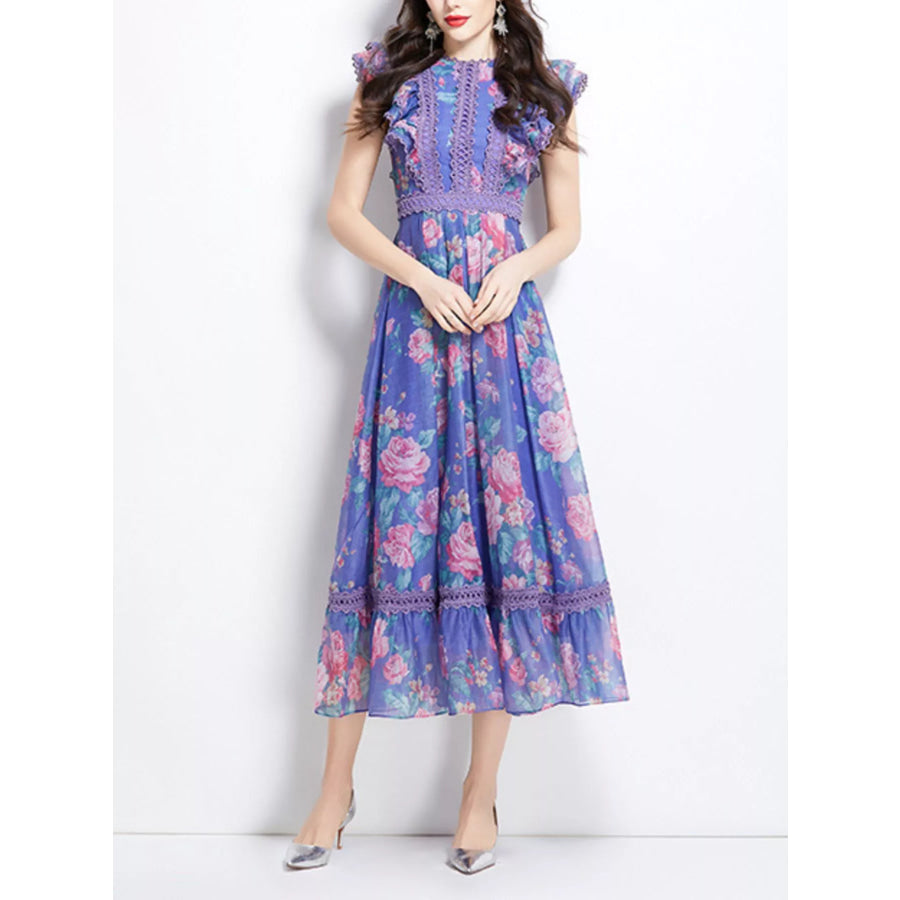 Floral Print Ruffle Sleeve Midi Dress Blue / S Apparel and Accessories