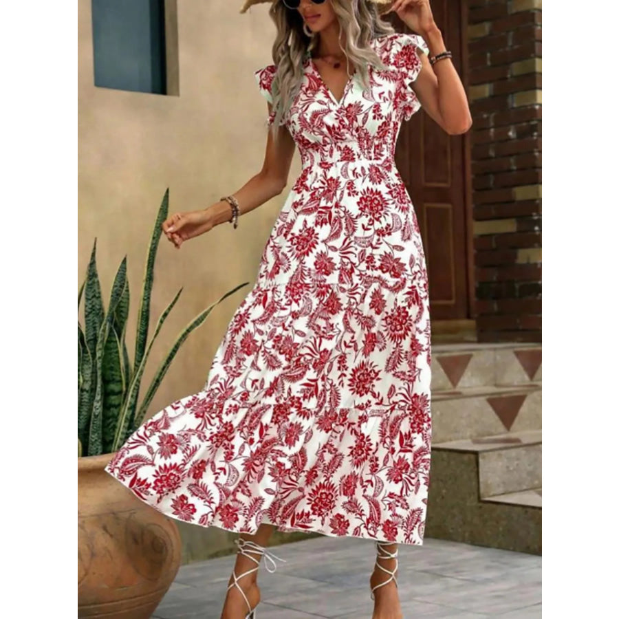 Floral Print Ruffle Sleeve Midi Dress Apparel and Accessories