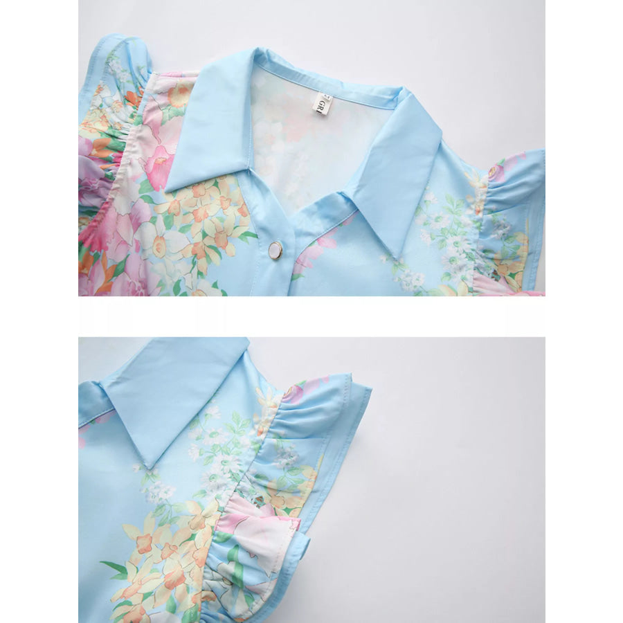 Floral Print Ruffle Sleeve Midi Dress Light Blue / S Apparel and Accessories