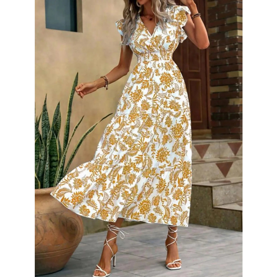 Floral Print Ruffle Sleeve Midi Dress Apparel and Accessories