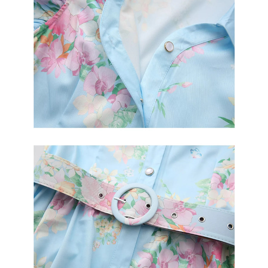 Floral Print Ruffle Sleeve Midi Dress Apparel and Accessories