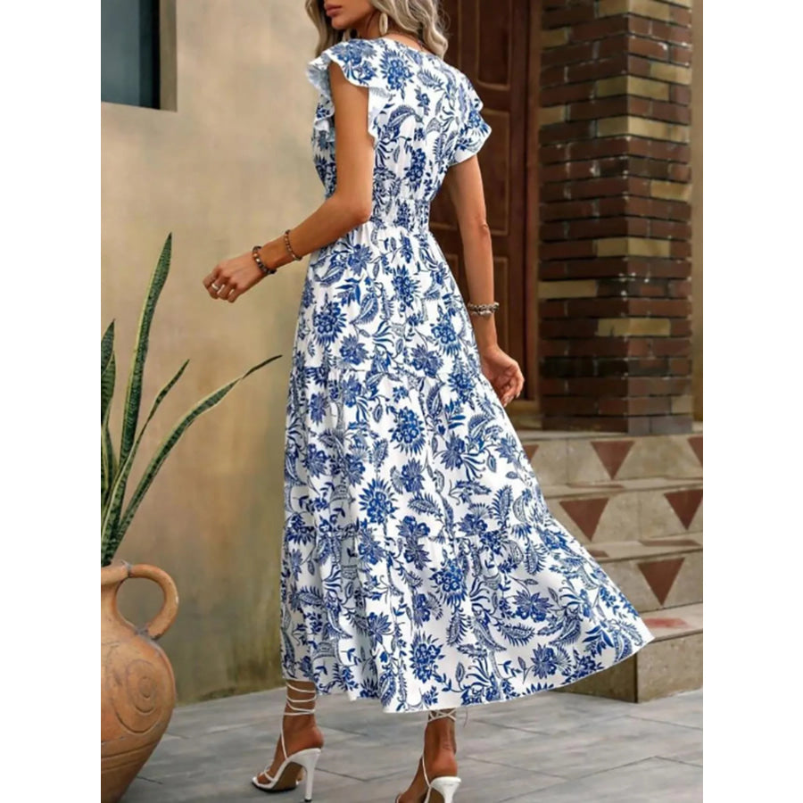 Floral Print Ruffle Sleeve Midi Dress Apparel and Accessories