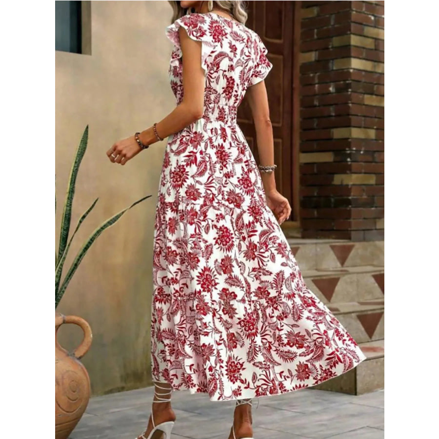 Floral Print Ruffle Sleeve Midi Dress Apparel and Accessories