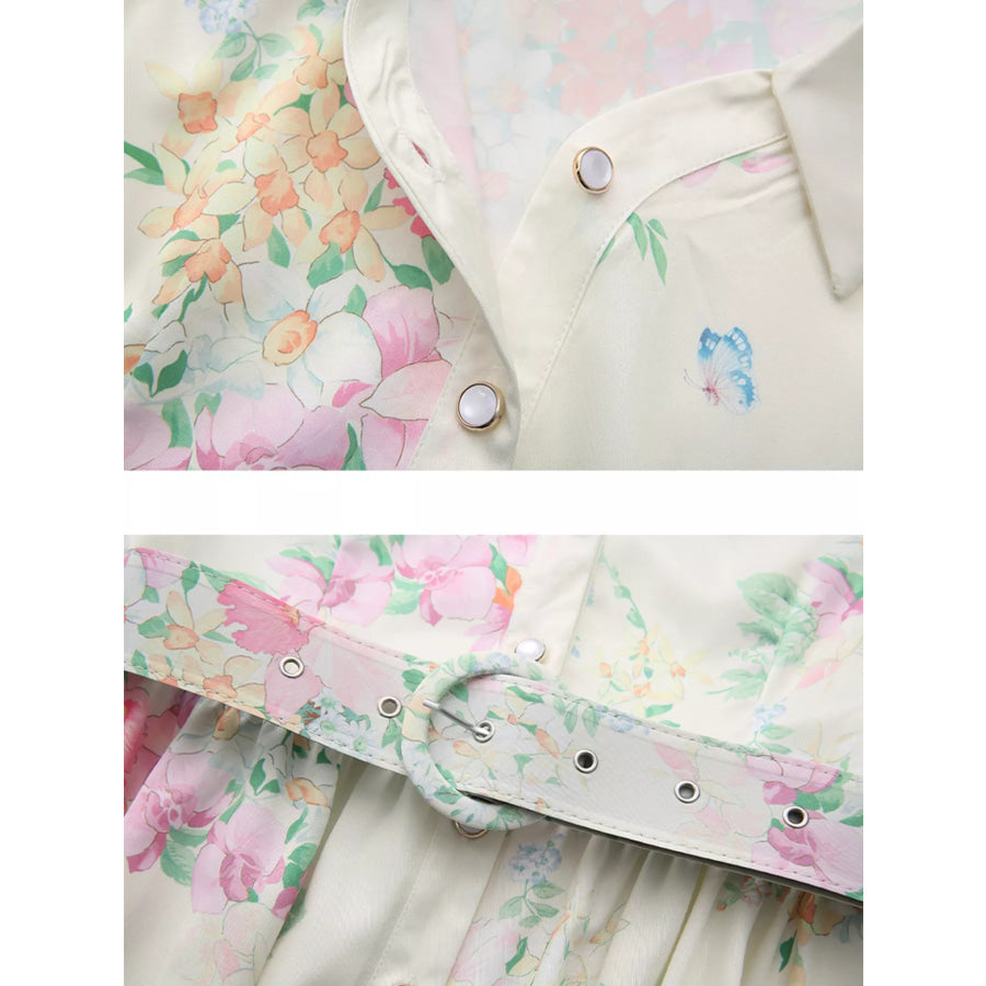Floral Print Ruffle Sleeve Midi Dress Apparel and Accessories