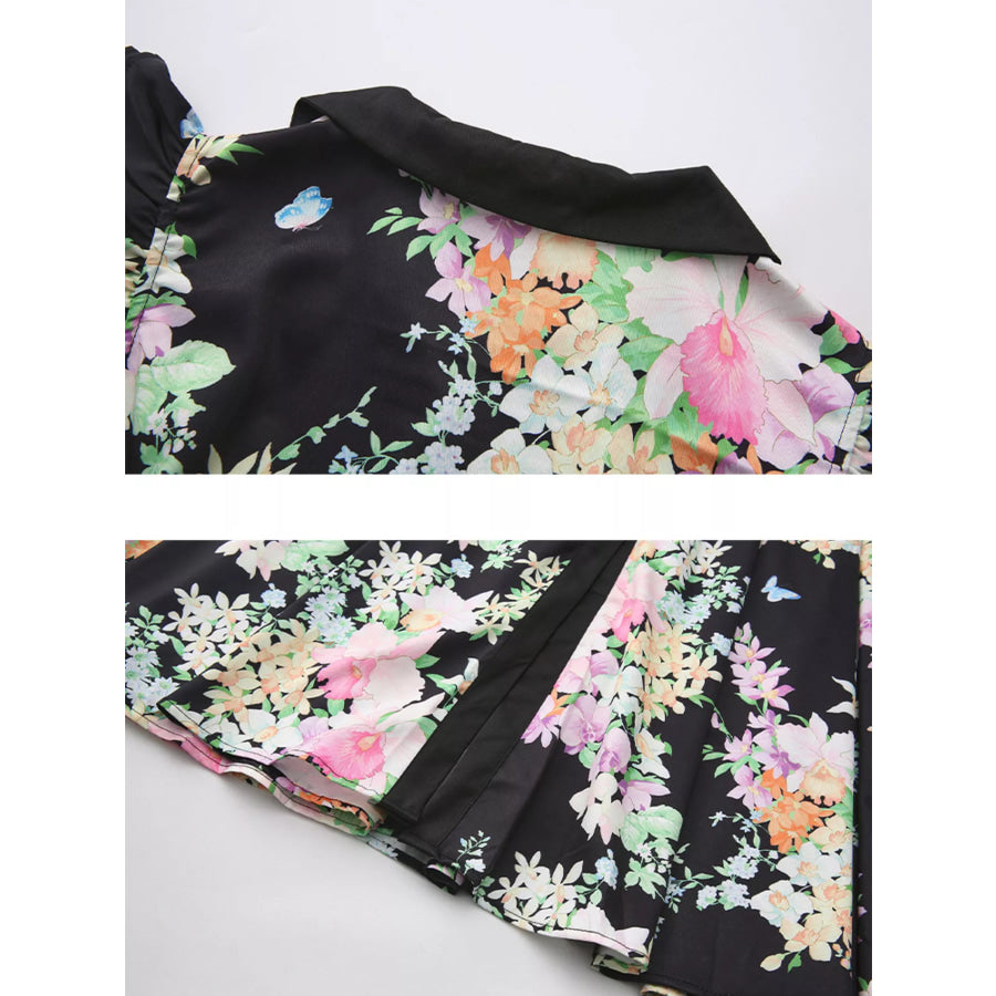 Floral Print Ruffle Sleeve Midi Dress Apparel and Accessories