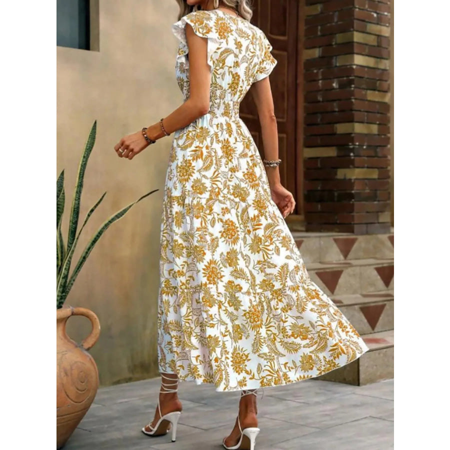 Floral Print Ruffle Sleeve Midi Dress Apparel and Accessories