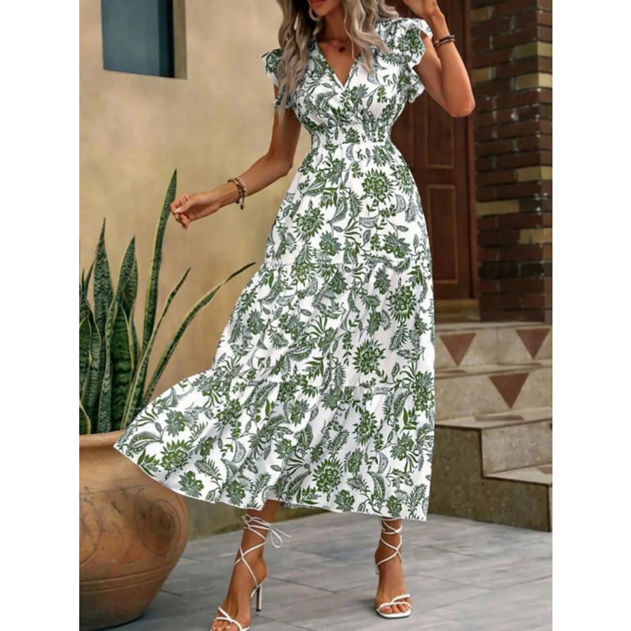 Floral Print Ruffle Sleeve Midi Dress Apparel and Accessories