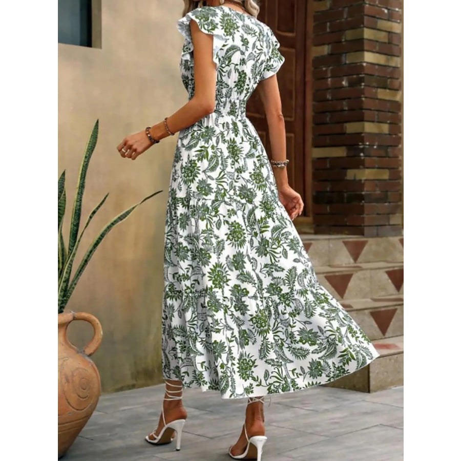 Floral Print Ruffle Sleeve Midi Dress Apparel and Accessories