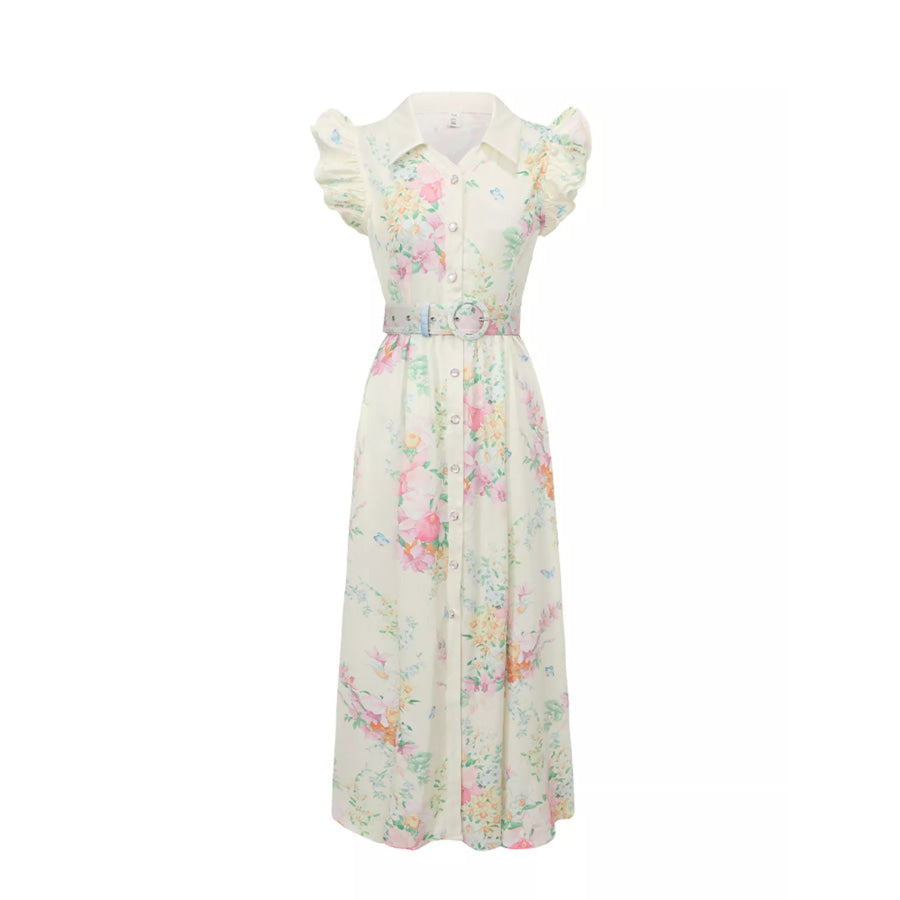 Floral Print Ruffle Sleeve Midi Dress Apricot / S Apparel and Accessories