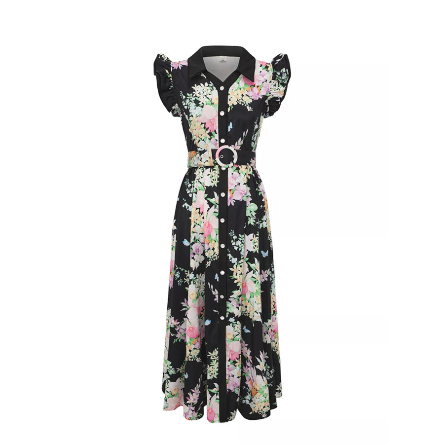 Floral Print Ruffle Sleeve Midi Dress Black / S Apparel and Accessories