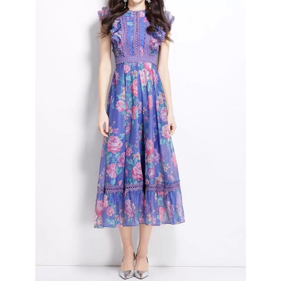 Floral Print Ruffle Sleeve Midi Dress Blue / S Apparel and Accessories