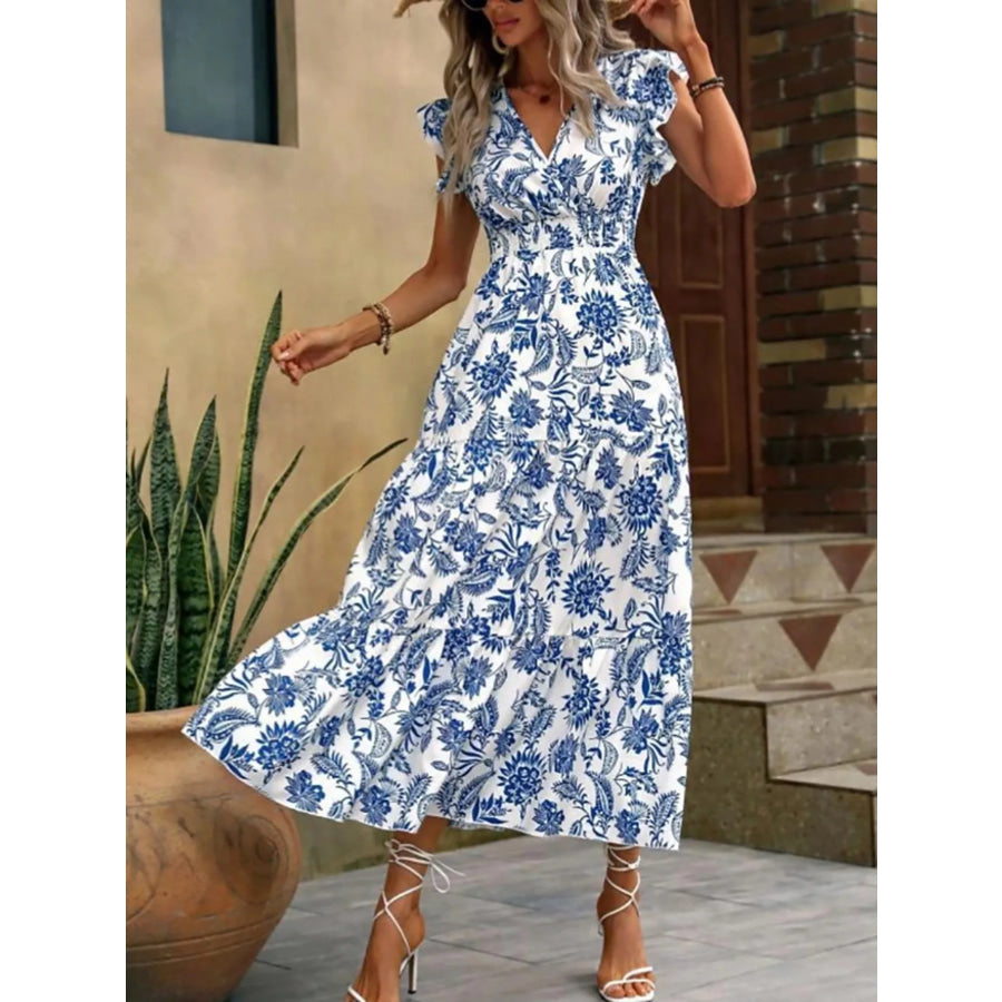Floral Print Ruffle Sleeve Midi Dress Cerulean / S Apparel and Accessories