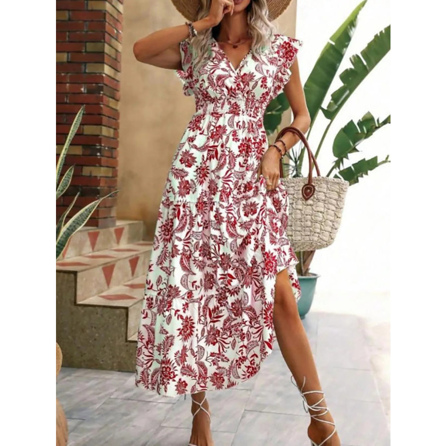 Floral Print Ruffle Sleeve Midi Dress Deep Red / S Apparel and Accessories